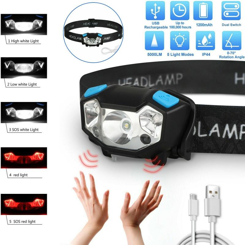 

New! 5000lm Led Headlight 5 Modes Ipx4 Waterproof Usb Rechargeable Motion Sensor Head Band Lamp