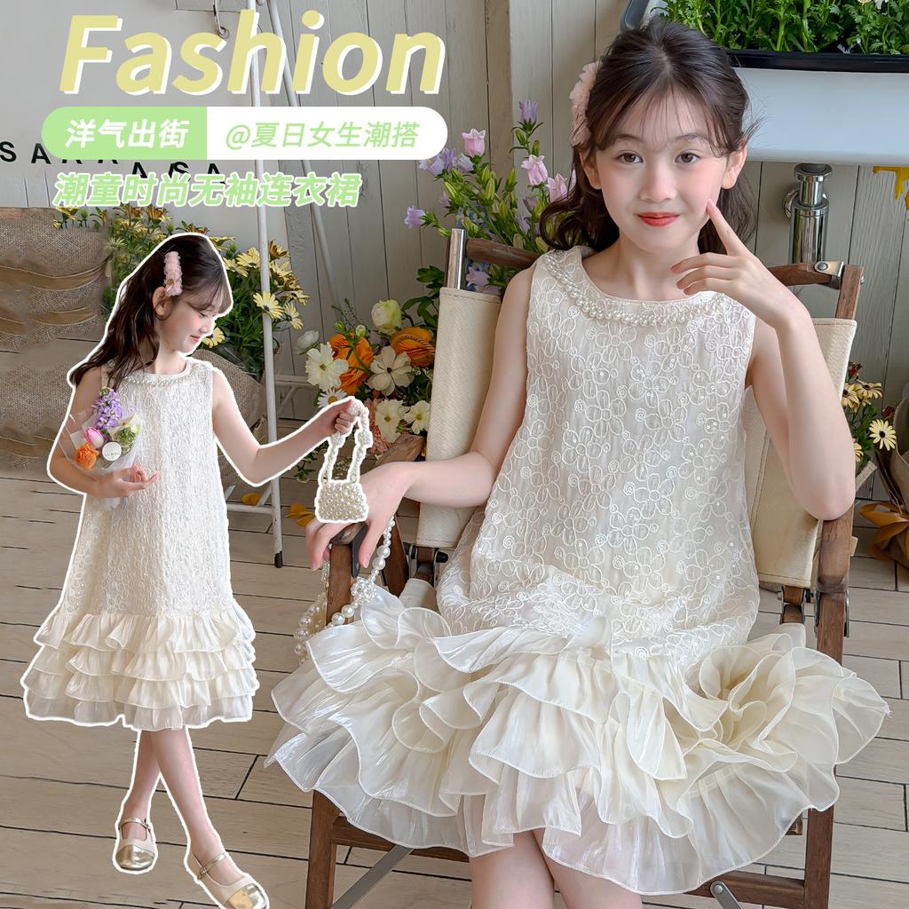 Princess style sleeveless dress 2026 new girls' summer cake skirt with ruffled edges and thin lace stitching