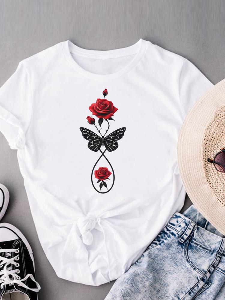 (Asian Size) Sweet Love Heart Trend Print Casual Top O-neck Short Sleeve T-shirts T Graphic Tee Fashion Female Women's Clothing