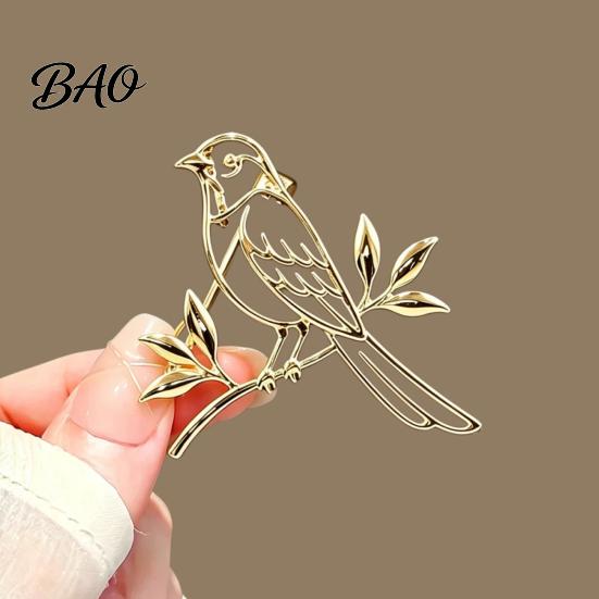 Elegant Bird Brooch Golden Plated Hollow Brooch, Standing on Branch Lapel Pin, Hats Bags Scarves Clothes Decorative Accessory Women Dresses Jewelry