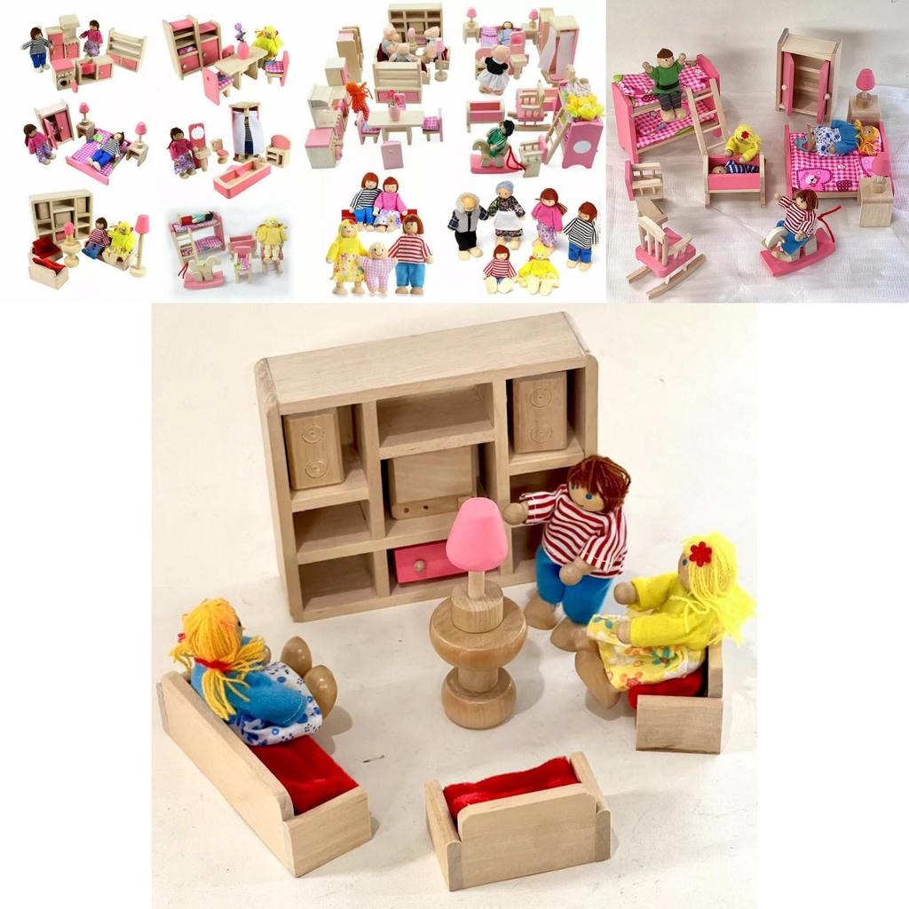 Entzückendes Holzpuppenhaus-Möbelset für Kinder mit farbenfrohen Schlafzimmer-, Küchen- und Wohnzimmer-Accessoires