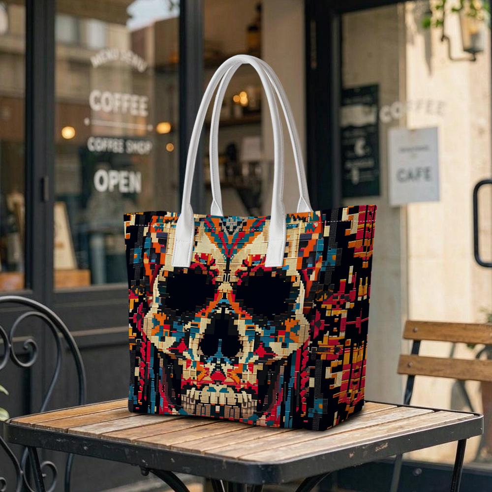 Pixel Skull Pattern Tote Bag Street Style Trendy Women's Shopping Shoulder Bag