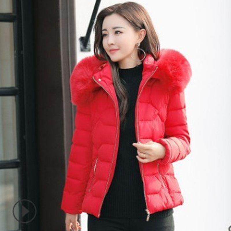

Женская зимняя куртка парка короткая с меховым воротником и капюшоном стеганая верхняя одежда M красный