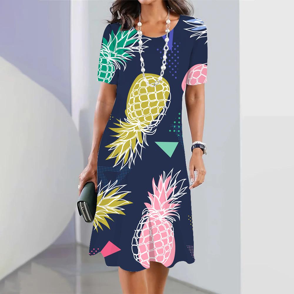 Cute Strawberry Printed Women's Long Dresses Summer Fashion Beach Wear Short Sleeves Hawaiian Style Maxi Dress For Lady Clothing