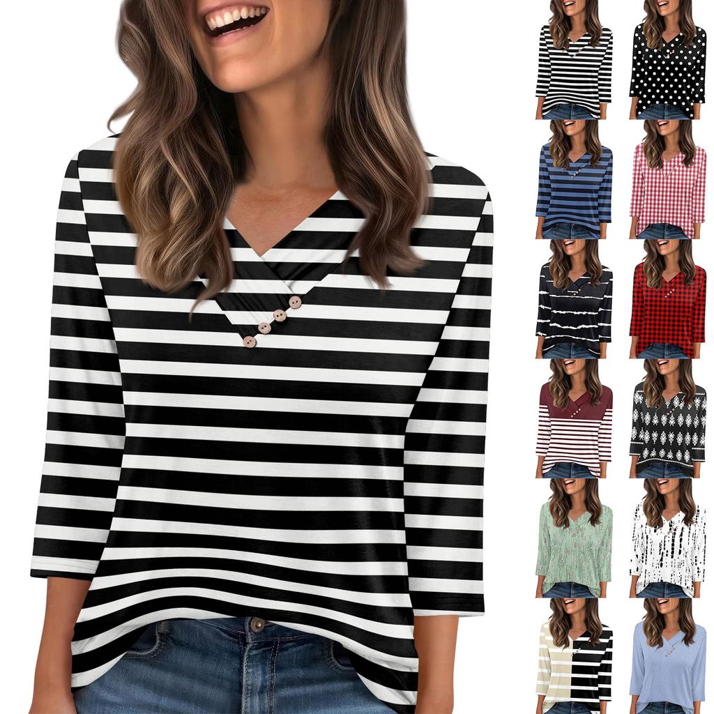 Damen T-Shirt Tee Knopf 3/4 Ärmel Tunika Täglich Wochenende Mode Basic V-Ausschnitt Reguläres Oberteil