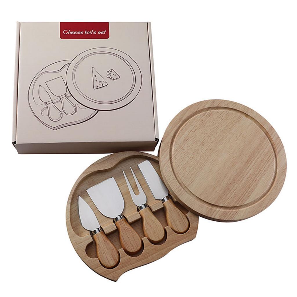 Round Rubber And Wooden Box 4-piece Cheese Knife And Spatula Set, Stainless Steel Cheese Tools And Cutlery Gift Set