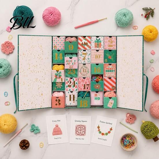 Häkel-Adventskalender 25 Tage 2026, Anfängerfreundliche Weihnachts-Countdown-Box mit Garnen Werkzeugen, DIY Bastelgeschenke für Strickliebhaber, Häkler