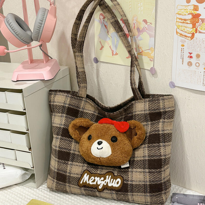 Bear Shoulder Bag Women's Bag Vintage Plaid Tote Bag