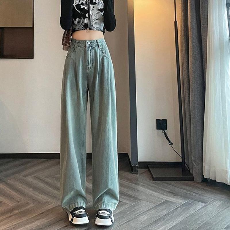 Wide-leg Drooping Jeans for Women In Autumn High Waist Pleated Design New Loose Slimming Straight Floor Pants