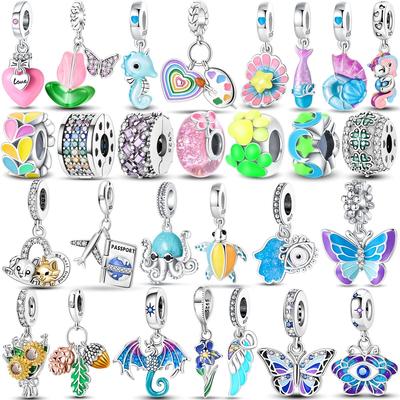925 Sterling Silver Colorful Luminous Charms Bead Shell Turtle Butterfly Star Dangle Fit New Bracelets Diy Jewelry Marking