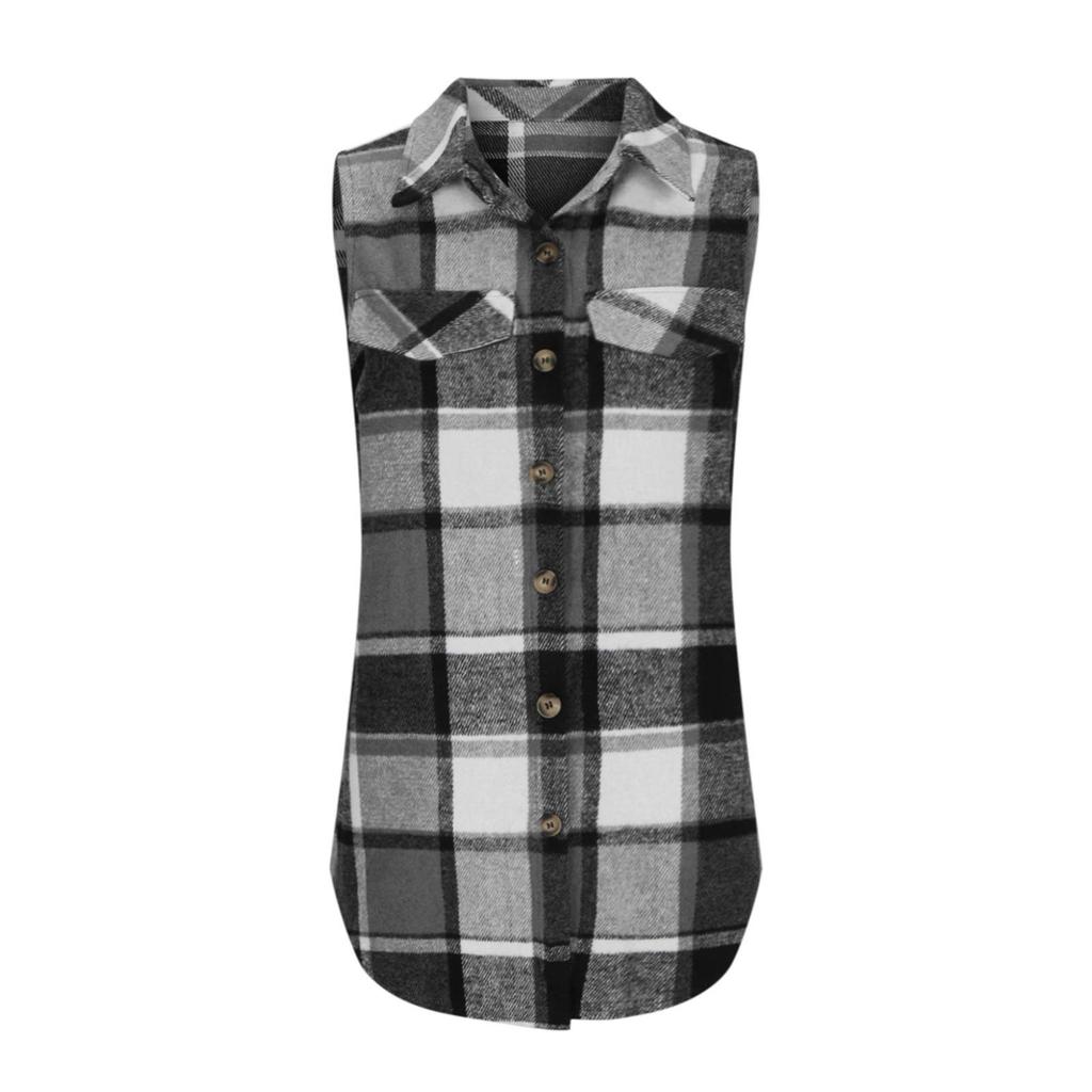 Women's Fashion Plus Size Brushed Plaid Collar Mid-Length Sleeveless Vest Jacket