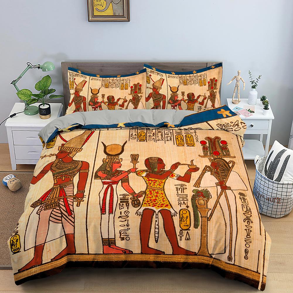 Egypt Comforter Cover Ancient Egyptian Script Duvet Cover Set For Kids Boys Pharaoh Pyramid Bedding Set Egypt Tribal Quilt Cover