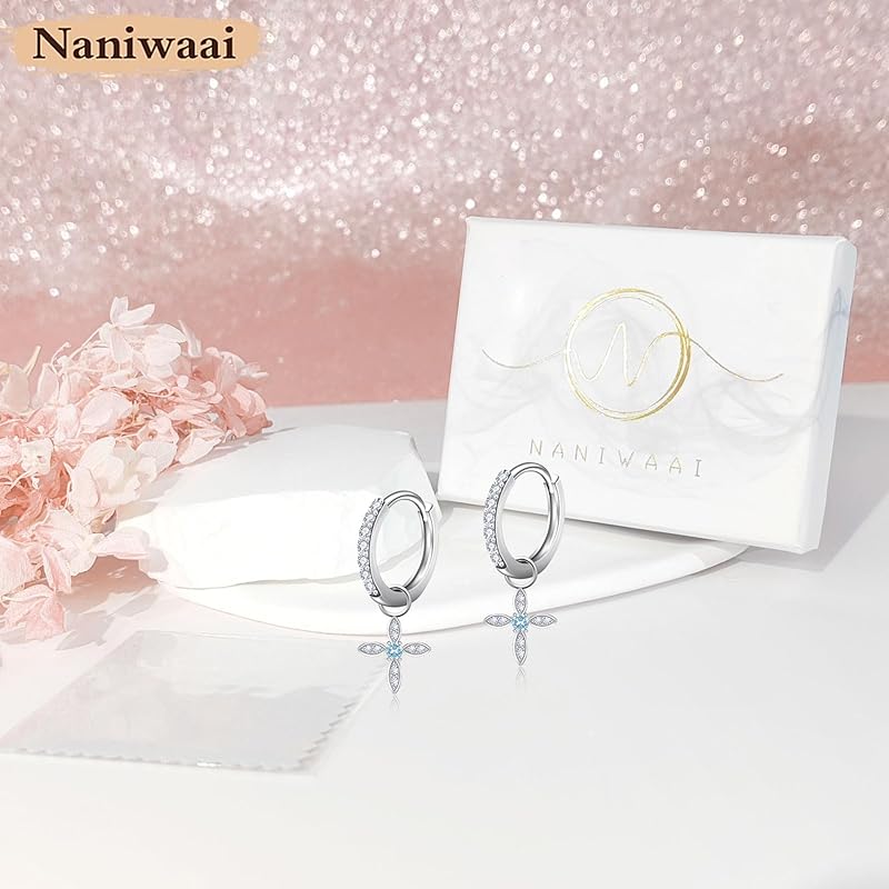 Naniwaai Ohrringe Damen März Geburtsstein Creolen Sway 2Way Blume Frau Silber Metallallergie-kompatibel Kreuz Erwachsene Accessoires Geschenk Geburtstag