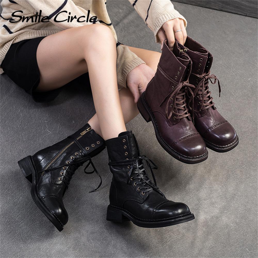 Genuine Leather Women Boots Lace Up Round Toe Short Boots Comfortable Fashion Casual Boots
