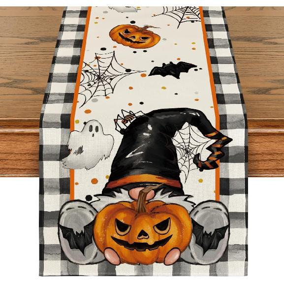 Halloween Gnome Yellow Car Black White and Check Table Runner Seasonal Kitchen Dining Table Decoration Flag Autumn Home Party Tablecloth Decor 13x72