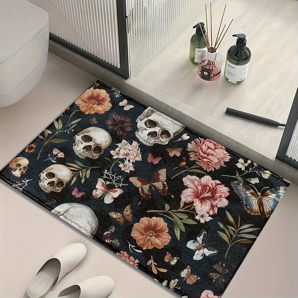 Halloween Themed Carpet Mat with Skull and Butterfly Patterns Suitable for Kitchens Bathrooms Rug Giving Friend Unique Gift Idea