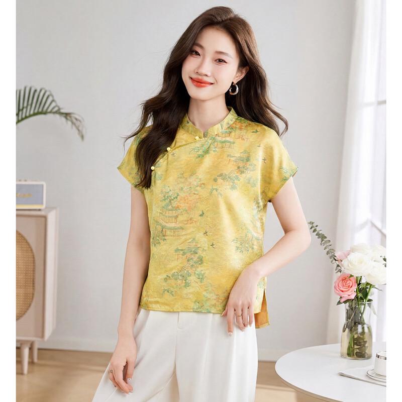 ORIGIN Chinese Style Retro Printed Stand Collar Short Sleeve Shirt