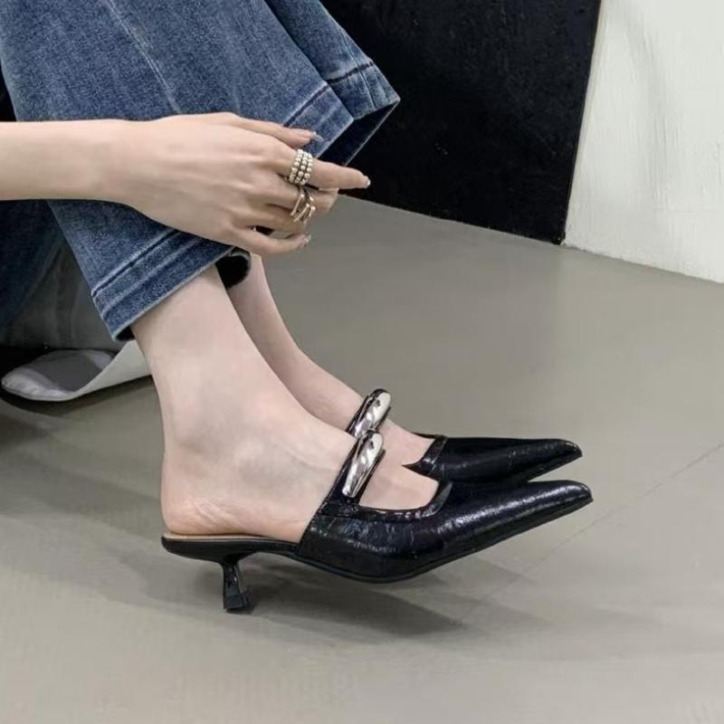 

Модные женские туфли-лодочки на высоком каблуке с острым носком, шлепанцы, сексуальные летние сандалии, женская обувь для платья, кожаная обувь 2025, дизайнерский бренд, слинги, слайды 35 чёрный