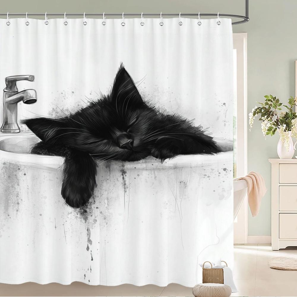 

Black Cat Sleeping In Sink Shower Curtain – Minimalist Watercolor, 12 Hooks, 70.8×70.8 In, Polyester, Machine Washable W60H190(CM)-1 Pcs