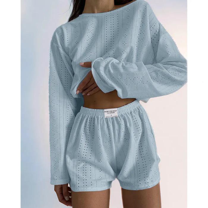 Europäischer und amerikanischer Damen Frühling/Sommer Slim-Fit Set: Lockeres Pullover-Top & Shorts, Schlichter, modischer, vielseitiger Stil