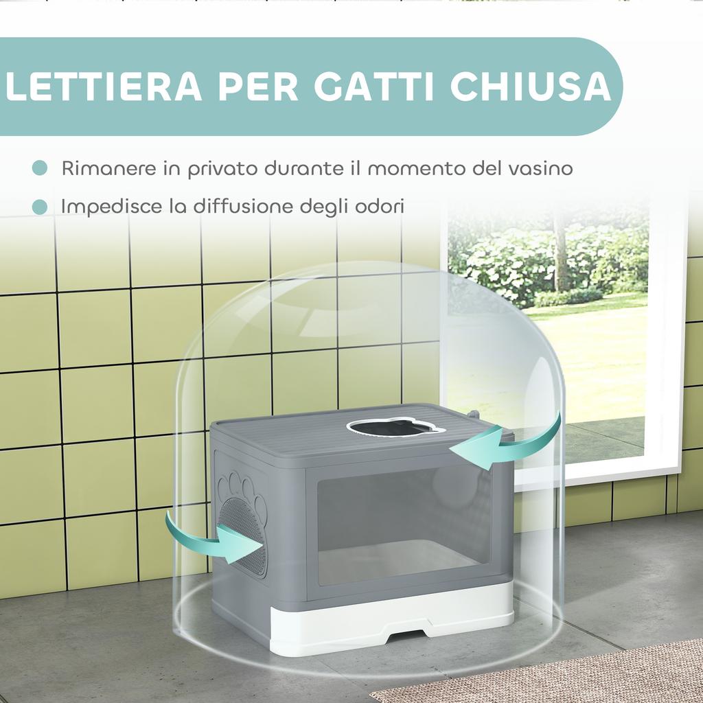 Closed Cat Litter Box with Lid and Double Entrance, Removable Drawer, Scoop and Brush, Grey