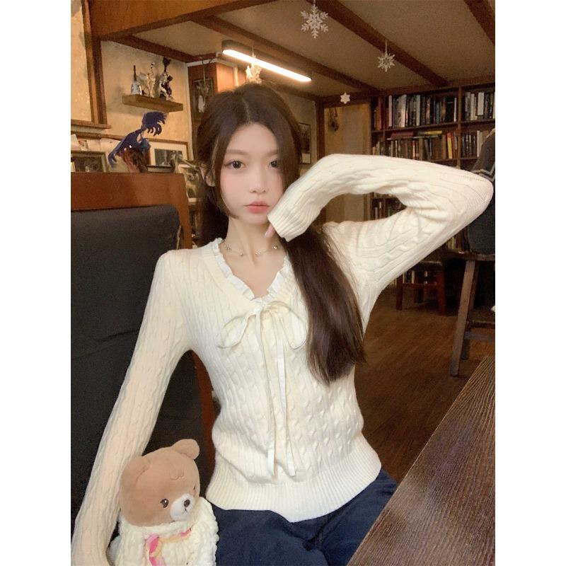 Bow lace-up v-neck twist knitted sweater pullover christmas red sweater women's autumn bottoming top