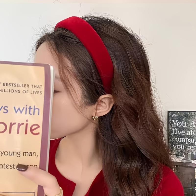 Vintage Wine Red Velvet Sponge Headband for Women, Elegant French Style Hair Accessory, Suitable for High Crown Hairstyles.