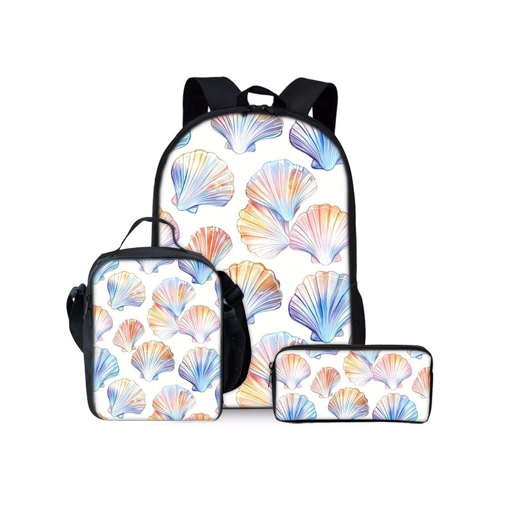Shell Print Three Piece Backpacks Set for Boy and Girls Best Gifts 2D Flat Cartoon School Bag for Children