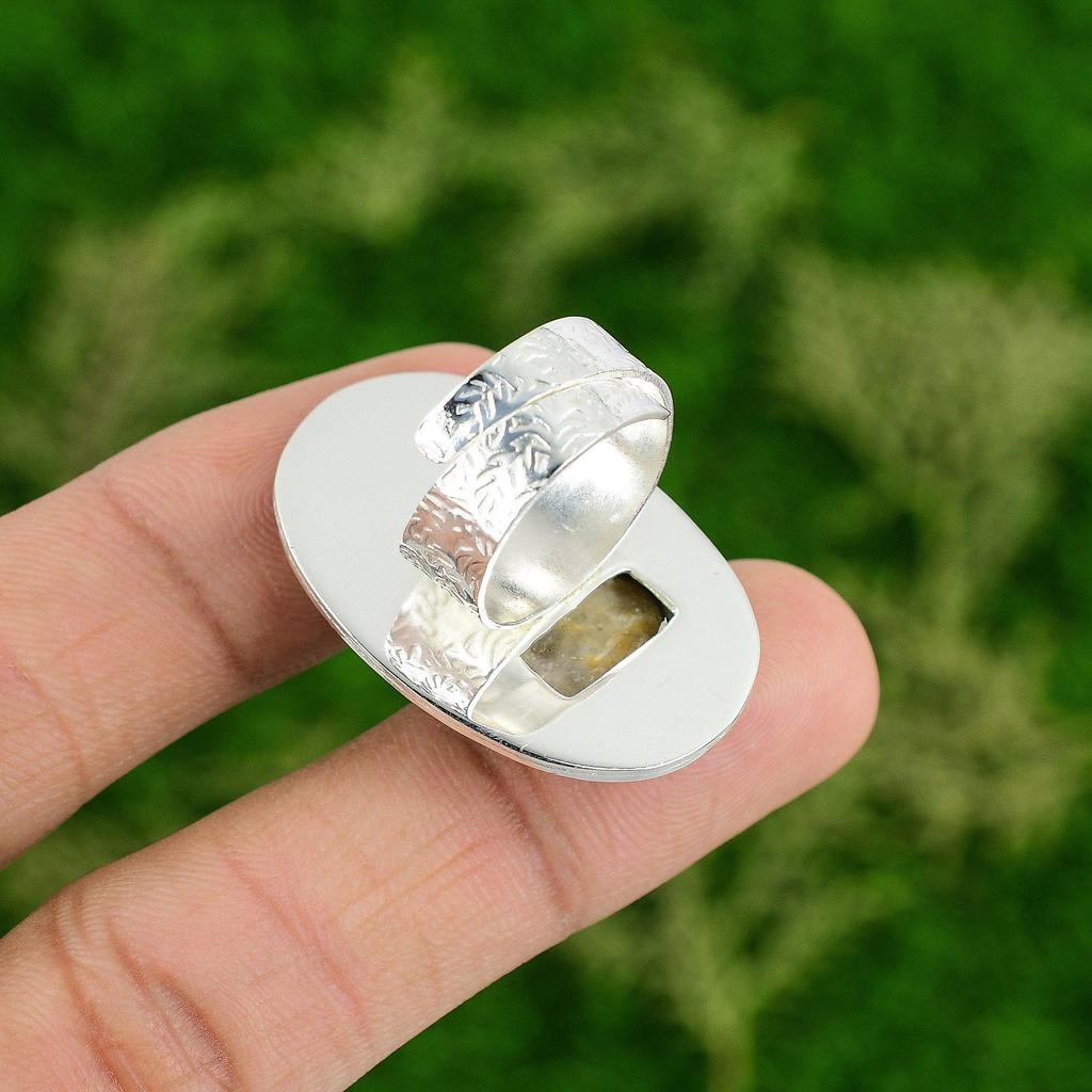 Wedding Gift For Her 925 Silver Natural Fossil Coral Promise Adjustable Ring