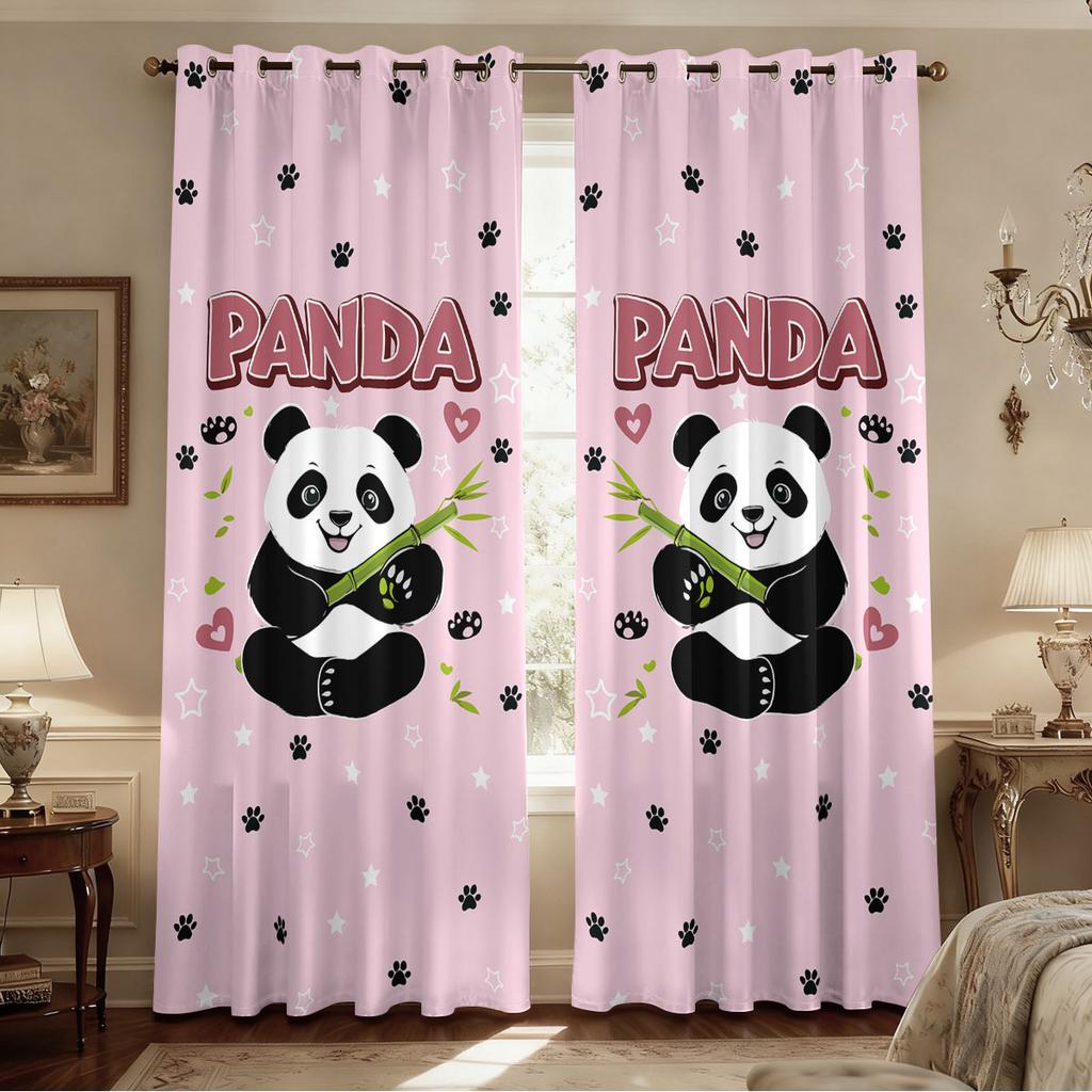 Set Of 2 Pink Heart Shaped Panda Print Perforated Curtains Multiple Sizes Living Room Insulation Decoration Easy Install Curtain Darkening Polyester