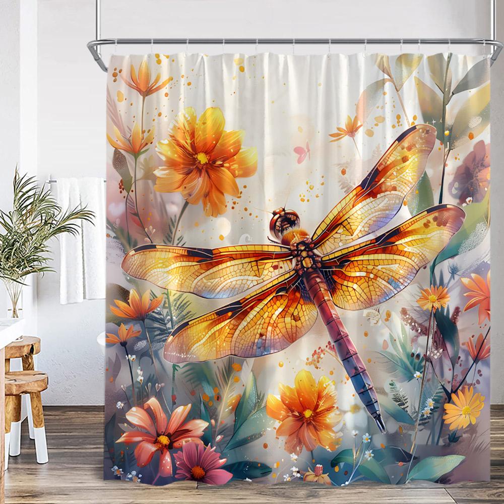 Vintage Dragonfly Shower Curtain Insect Plant Purple Flower Wistera Daisy Bathroom Decor Polyester Bathtub Curtain with Hooks