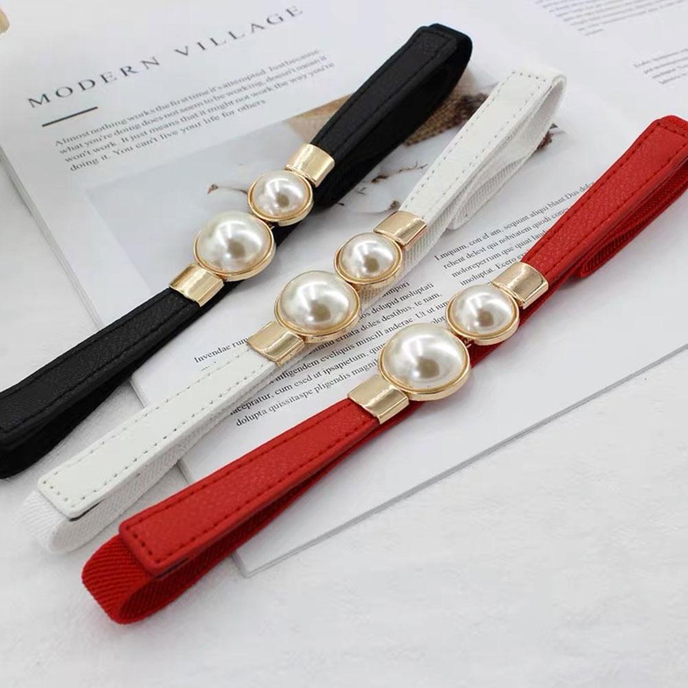 Women Double Pearl Belt Female Black Red White PU Leather Dress Skirt Waist Elastic Thin Belts Ladies Designer Waistband