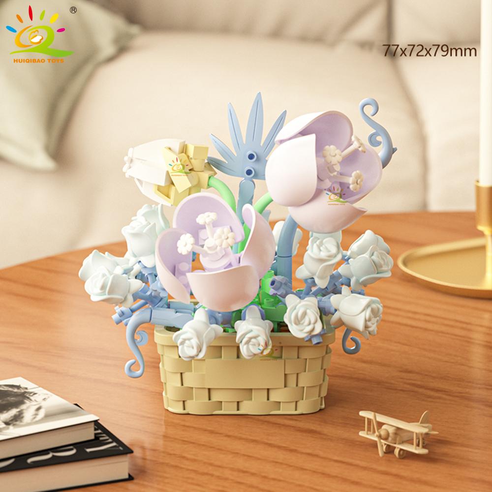 HUIQIBAO MOC Bouquet Potted Plant Micro Building Blocks Eternal Flower Model DIY Home Desk Decoration Brick Toy For Children
