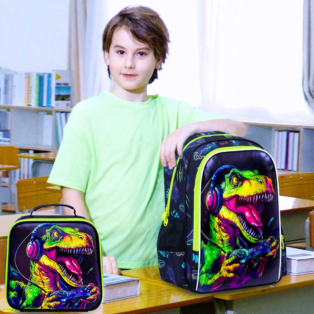 3PCS Kids Dinosaur Backpack for Boys, 16" Cool UV Printing Bookbag/School Bag with Lunch Box & Pencil Bag for Preschool To Eleme
