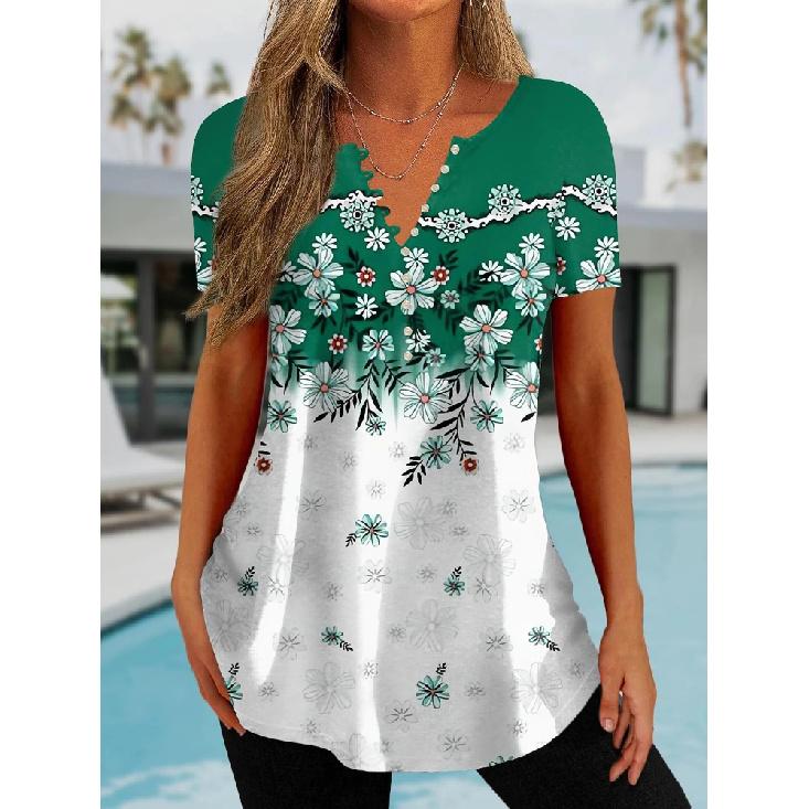 Simple Women'S Short Sleeve 3D Flower Print Clothes Beautiful V Neck Short Sleeve T-Shirt Trendy Fashion Women'S Streetwear