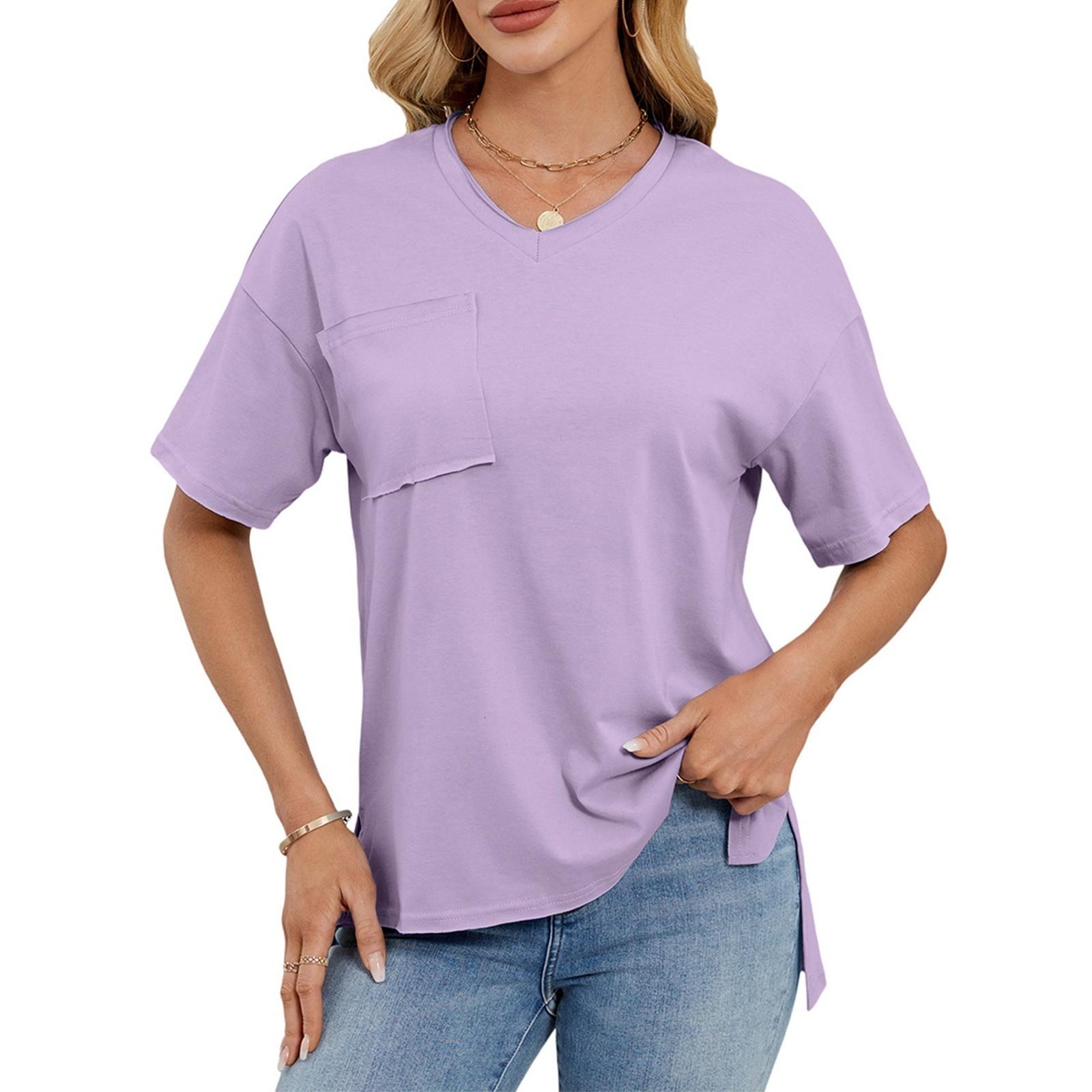 

Женская мода однотонный V-образный вырез короткий рукав карман свитер повседневная футболка топ XXL