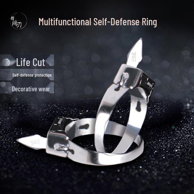 Adjustable Silver Titanium Steel Geometric Hidden Blade Self-Defense Ring
