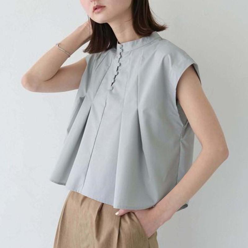 VONDA Women Summer Stand Collar Sleeveless Button Blouses