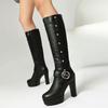 Fashion New Belt Buckle Rivet Decoration Round Head Thick Sole Knee High Boots Women Black Waterproof Platform Plush Warm Knight Boots