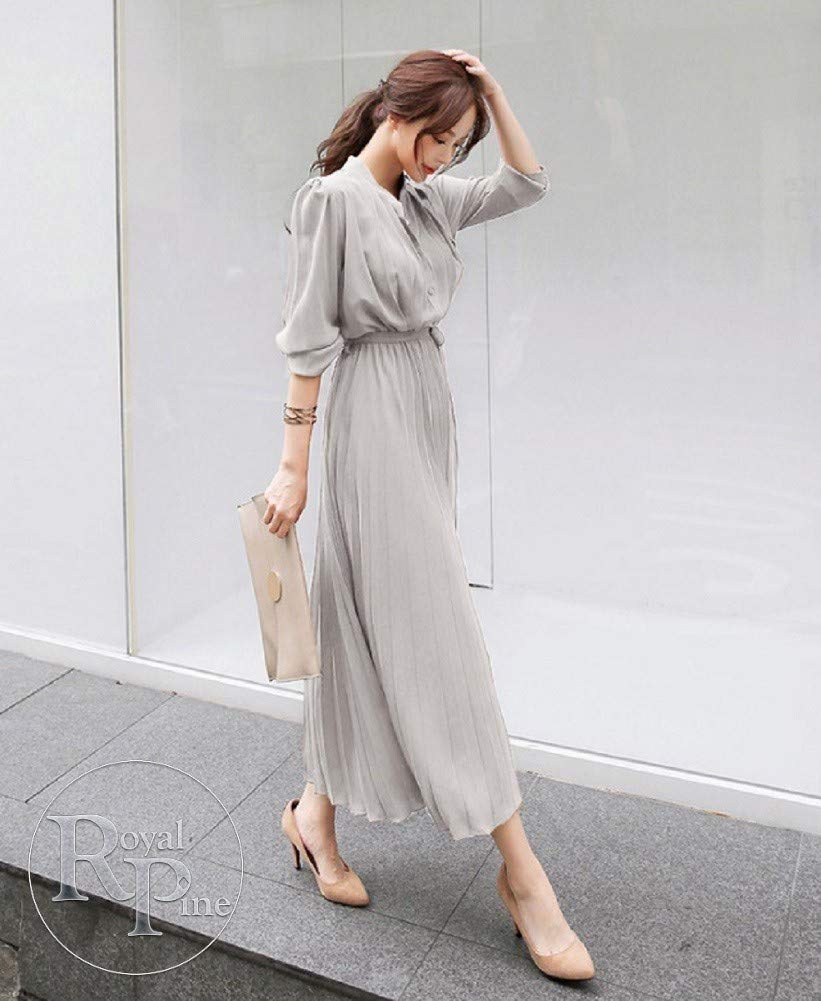 Royal Pine Shirt Long Pleated Belted Light Women's A-Line Dress, Sleeves, Chiffon, (XL, Gray)