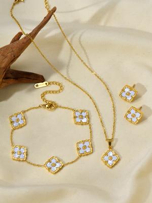 1 komplekts 18k zeltā pārklāts nerūsējošā tērauda modes laimīgas āboliņa kulona kaklarota, aproce, auskaru komplekts, piemērots sieviešu ikdienai