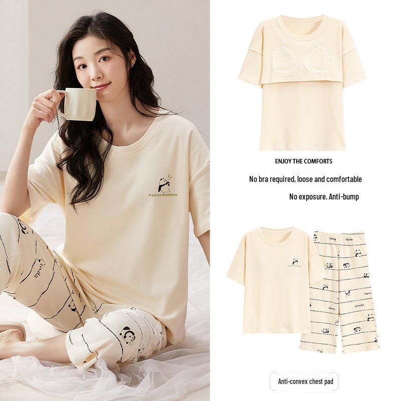 2025 Women's Summer Capri Pajama Set: Short-Sleeve, Thin Cotton with Breast Pads, Versatile for Home or Outside Wear
