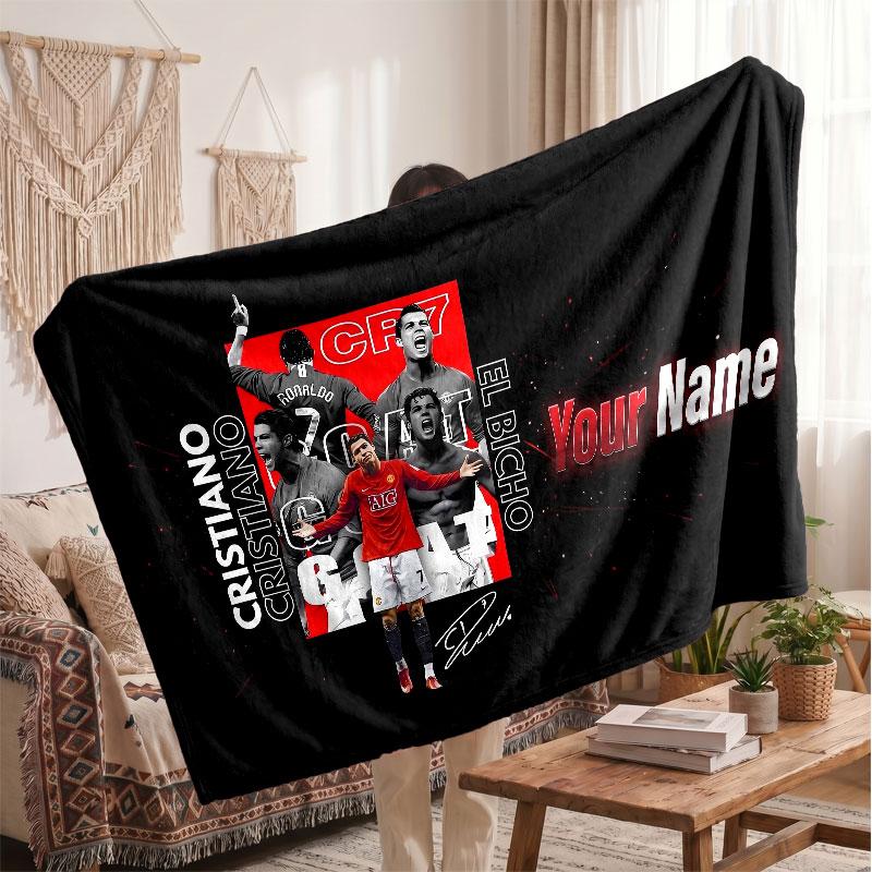 Cristiano Ronaldo Personalized Fleece Blanket With Football Logo, Custom Name Text Soft Warm Home Throw Blanket