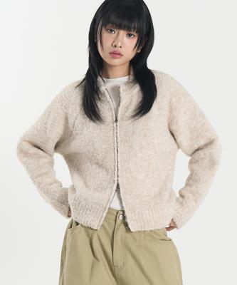 Toffee Women W Boucle Round Neck Knit Zip-Up (Light Beige)