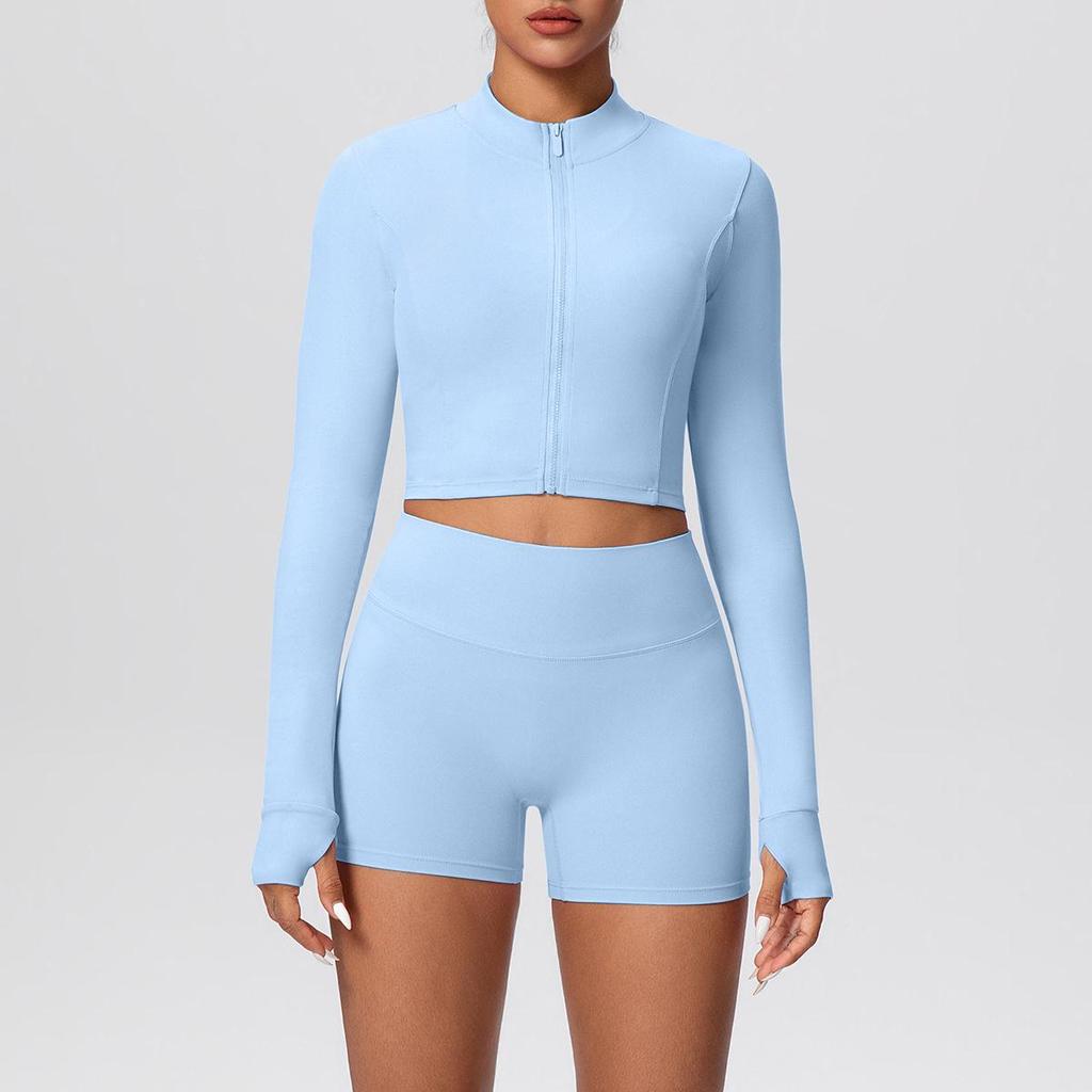 High-Waisted Hip-Lift Sports Shorts & Zip Jacket Yoga Set - Nude Feel for Casual Run & Fitness