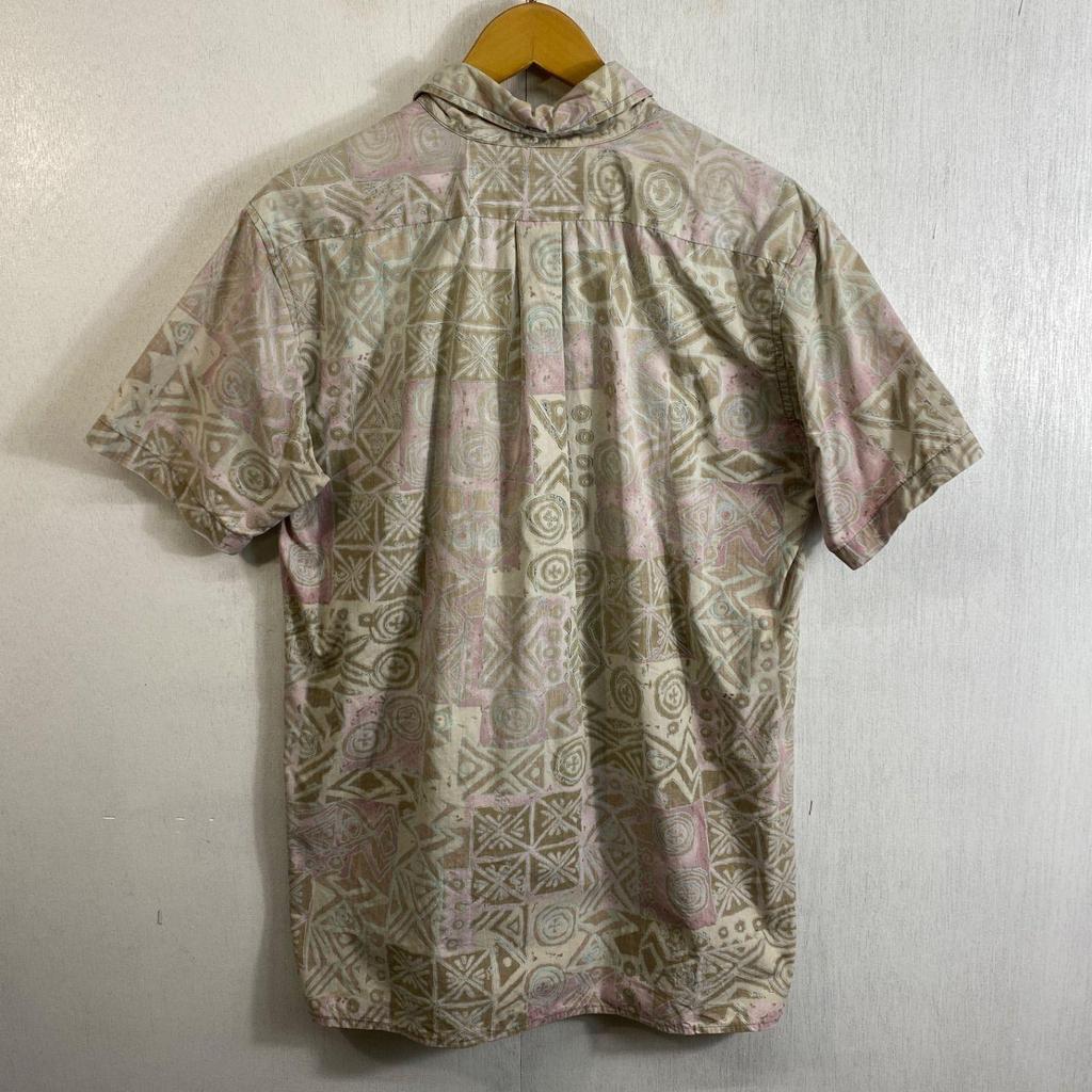 Used 90s Reyn Spooner Hawaiian Shirt Aloha Short Sleeve BD Reverse Print Inside Out All Over Pattern Ethnic Pattern Tribal Old Clothes VINTAGE Beige