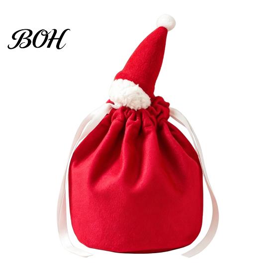 Reusable Xmas Party Favor Bags Christmas Drawstring Gift with Santa Hat, Velvet Goodie Sacks, Festive Candy Apple Treat Pouch for Eve Giving,