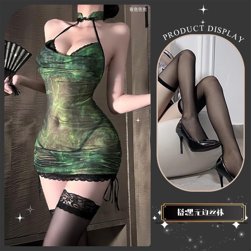 Fairy Green Snake Erotic Underwear cos Sexy Stand-Up Neck Hanging Neck Dress Perspective Hip Wrap Uniform Reticulated Dress