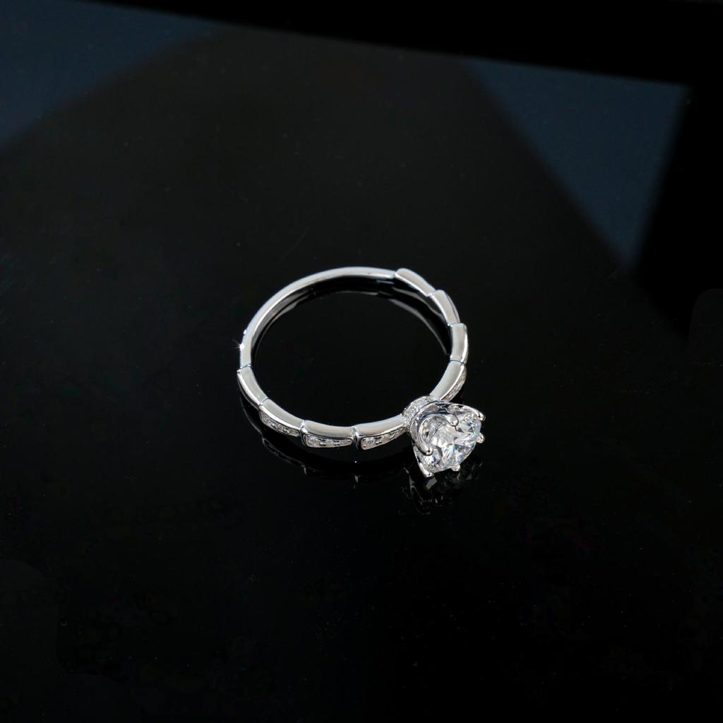 S925 Sterling Silver Six-Prong Inlaid Stone Ring with Asymmetrical Band for Women - Confession Engagement Accessory