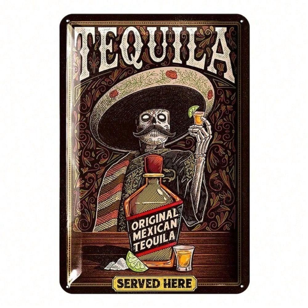 Metal Wall Art Vintage Mexican Skeleton Black Tequila Poster for Bar Garage Decor